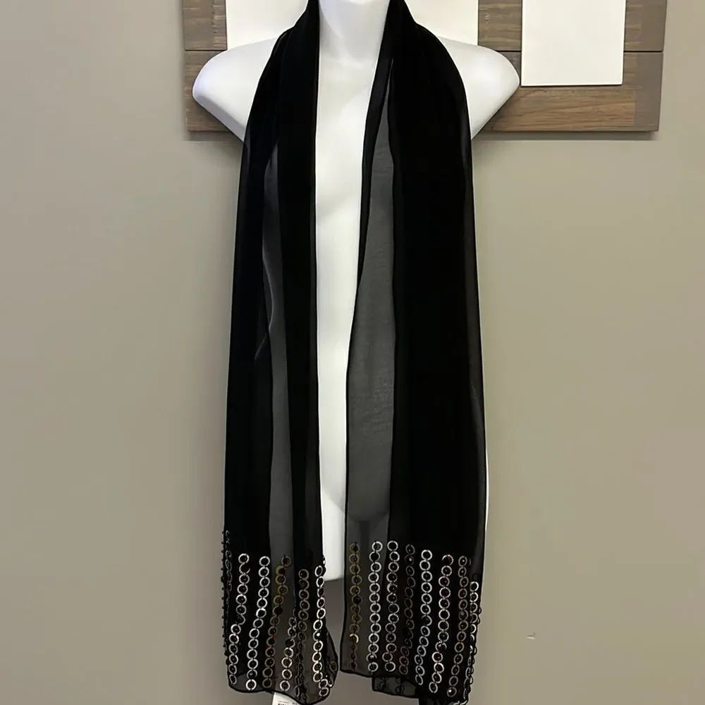 Steve Madden Sheer Black Scarf with Mixed Metal and Black Beads/Gem Accents-OS